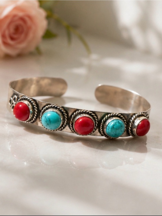 Jewelry - Silver Cuff Bracelet with Turquoise and Red Stone Accents